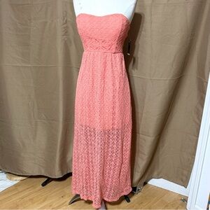 No Boundaries Strapless Coral Lace Maxi Dress